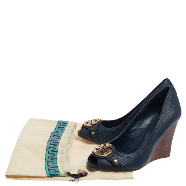 Pre Owned Tory Burch Blue Leather Leticia Peep Toe Wedge Pumps Size 37.5