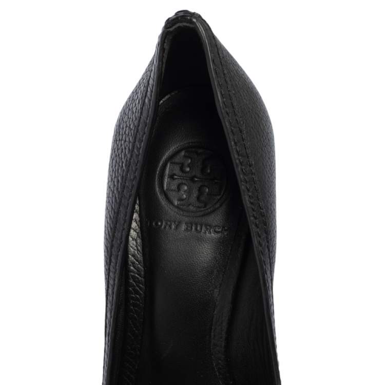 Pre Owned Tory Burch Black Leather Leticia Peep Toe Wedge Pumps Size 37.5