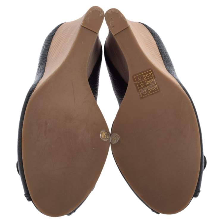 Pre Owned Tory Burch Black Leather Leticia Peep Toe Wedge Pumps Size 37.5