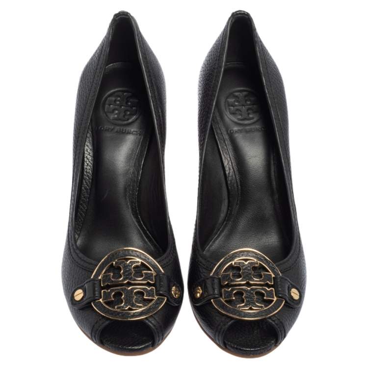 Pre Owned Tory Burch Black Leather Leticia Peep Toe Wedge Pumps Size 37.5