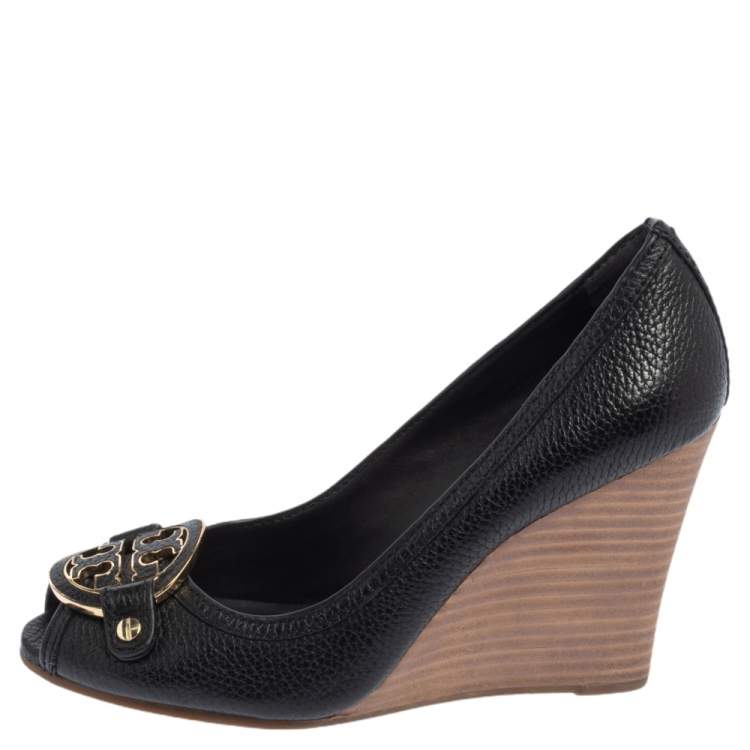 Pre Owned Tory Burch Black Leather Leticia Peep Toe Wedge Pumps Size 37.5