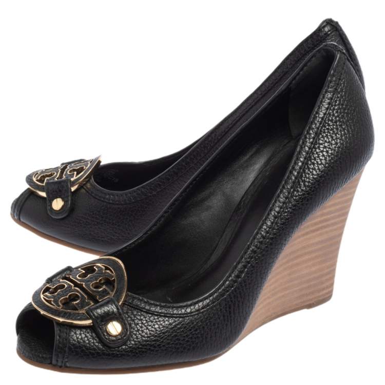 Pre Owned Tory Burch Black Leather Leticia Peep Toe Wedge Pumps Size 37.5