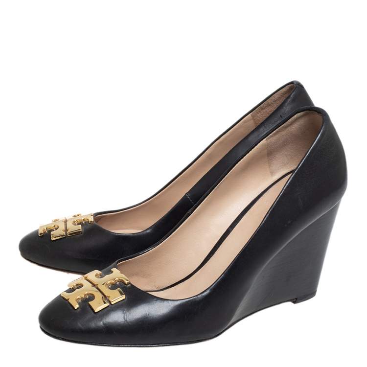 Pre Owned Tory Burch Black Leather  Logo Wedge Size 36