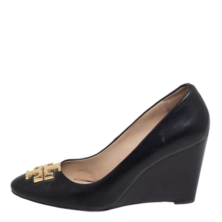 Pre Owned Tory Burch Black Leather  Logo Wedge Size 36