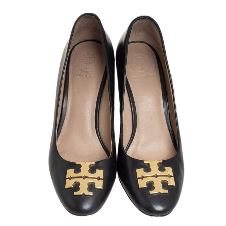 Pre Owned Tory Burch Black Leather  Logo Wedge Size 36