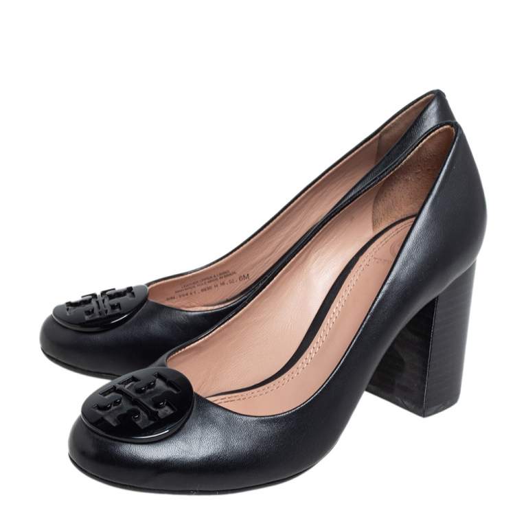Pre Owned Tory Burch Black Leather Block Heel Pumps Size 36