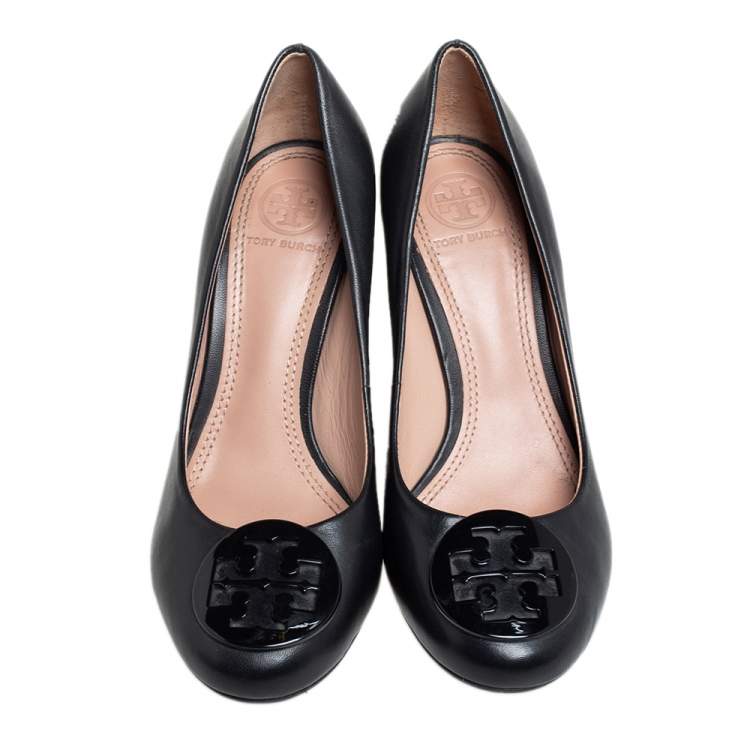 Pre Owned Tory Burch Black Leather Block Heel Pumps Size 36