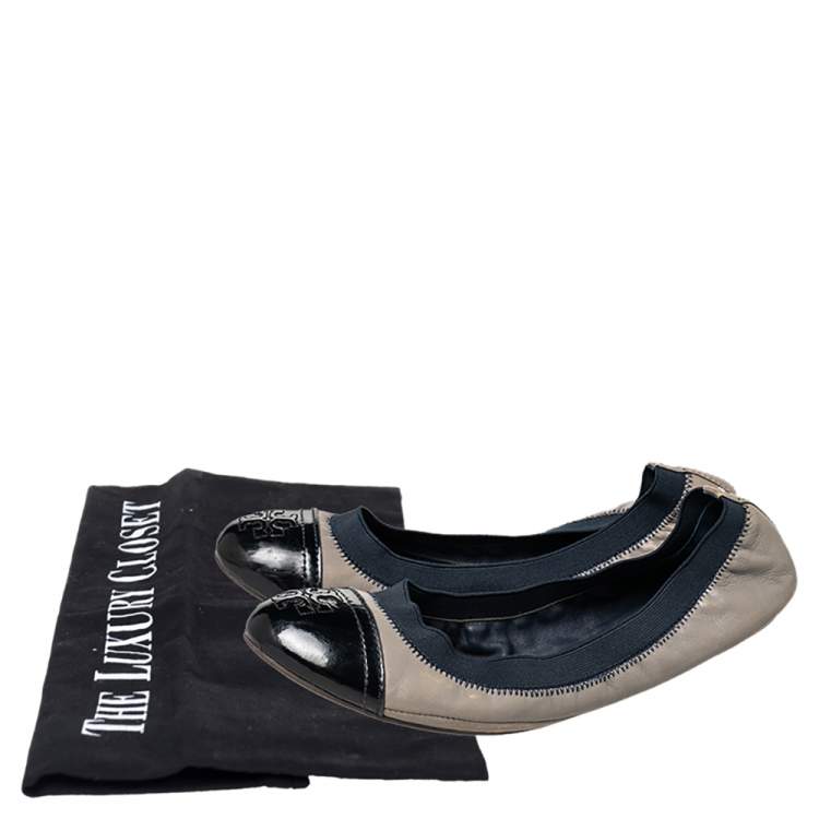 Pre Owned Tory Burch Grey/Blue Leather And Elastic Gabby Scrunch Ballet Flats Size 38.5