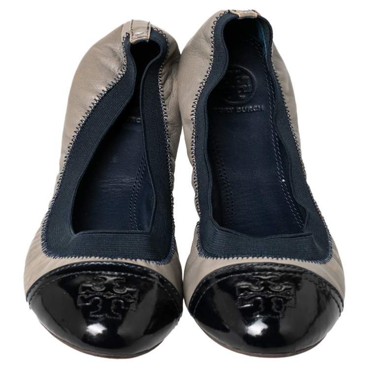 Pre Owned Tory Burch Grey/Blue Leather And Elastic Gabby Scrunch Ballet Flats Size 38.5