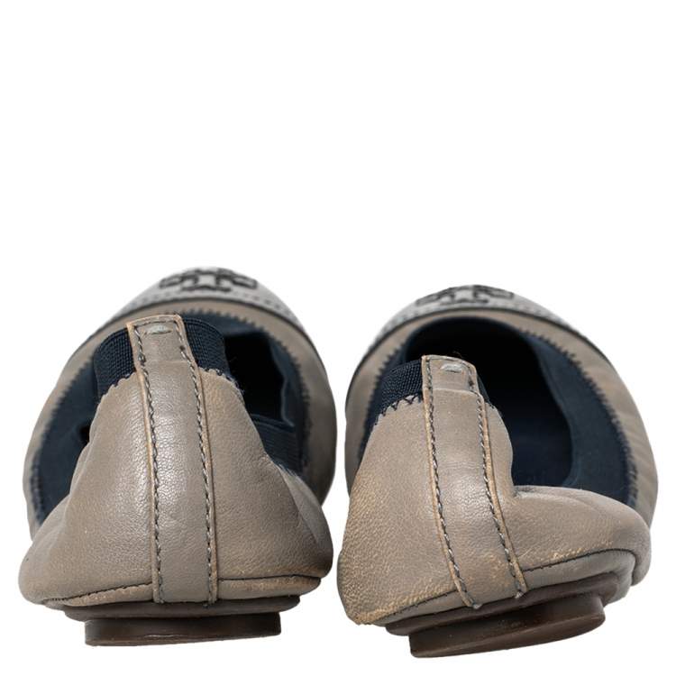 Pre Owned Tory Burch Grey/Blue Leather And Elastic Gabby Scrunch Ballet Flats Size 38.5