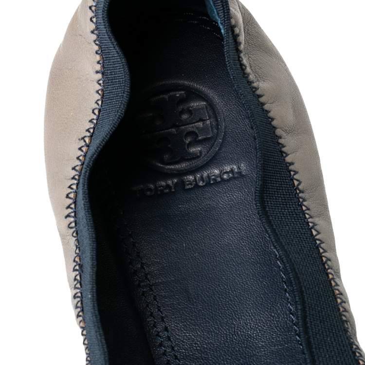 Pre Owned Tory Burch Grey/Blue Leather And Elastic Gabby Scrunch Ballet Flats Size 38.5