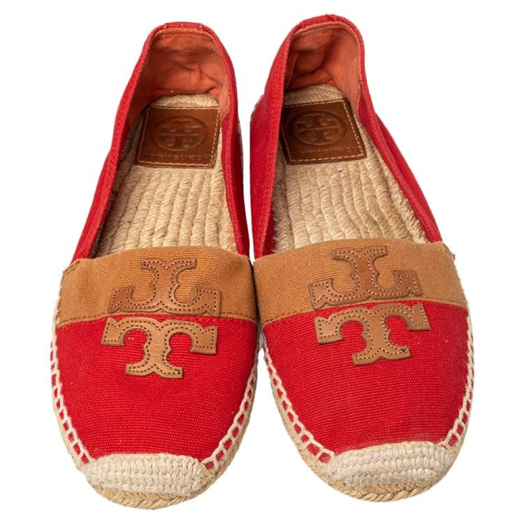 Pre Owned Tory Burch Red Canvas Espadrille Flats Size 38