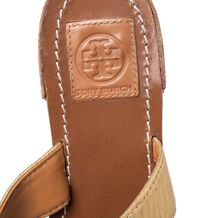Pre Owned Tory Burch Gold Leather Embellished Thong Sandals Size 40