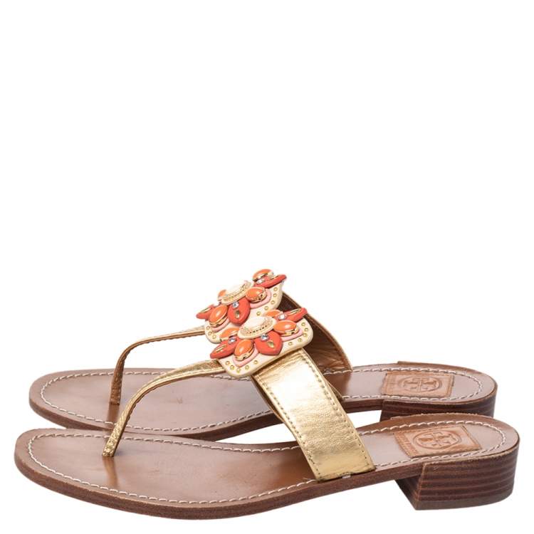 Pre Owned Tory Burch Gold Leather Embellished Thong Sandals Size 40