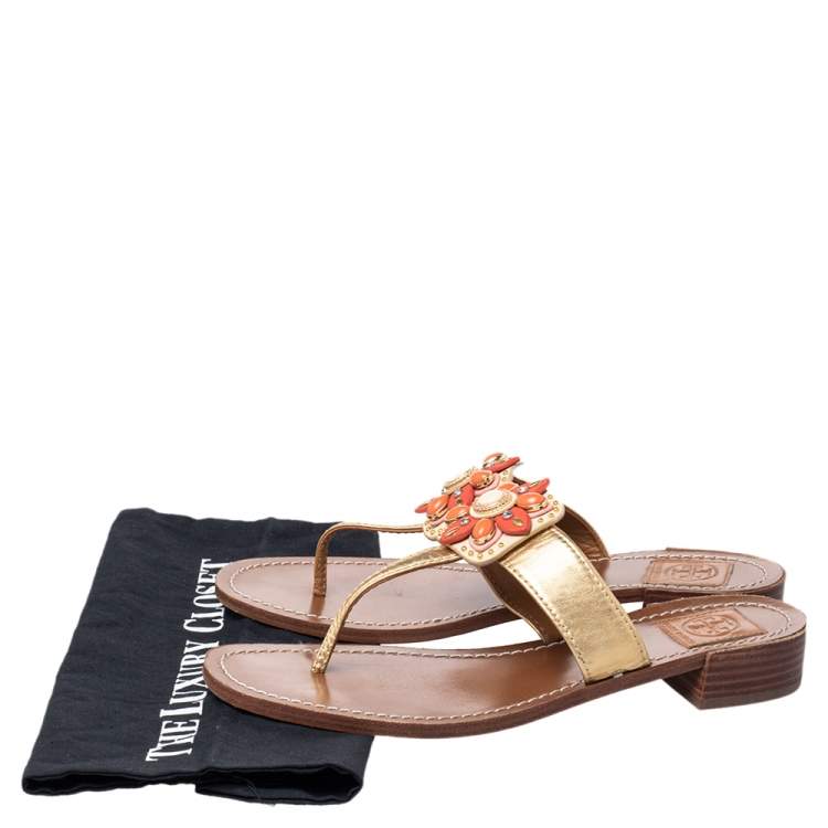 Pre Owned Tory Burch Gold Leather Embellished Thong Sandals Size 40
