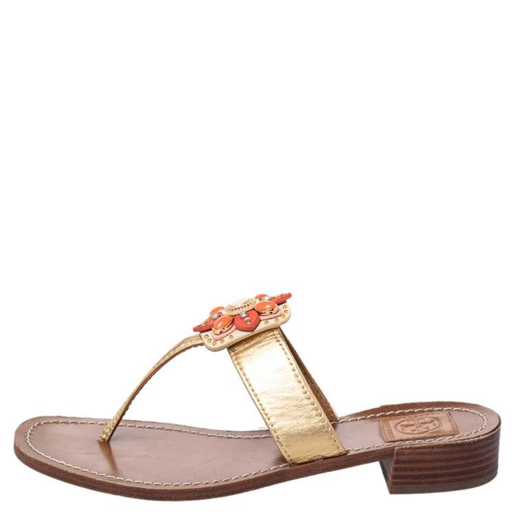 Pre Owned Tory Burch Gold Leather Embellished Thong Sandals Size 40