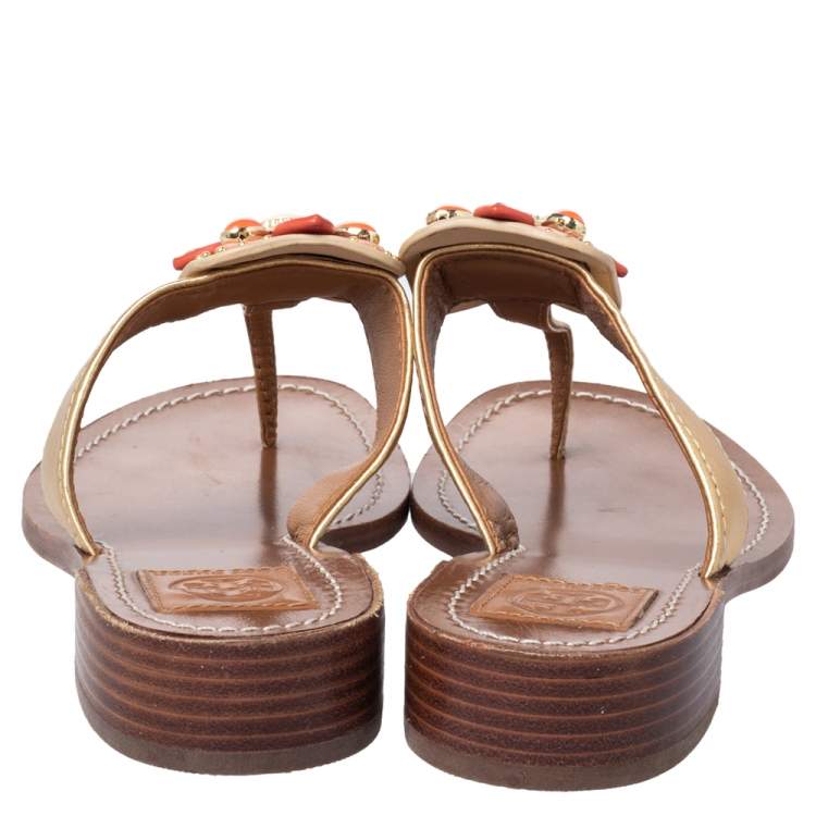 Pre Owned Tory Burch Gold Leather Embellished Thong Sandals Size 40