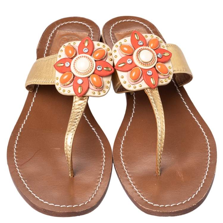 Pre Owned Tory Burch Gold Leather Embellished Thong Sandals Size 40