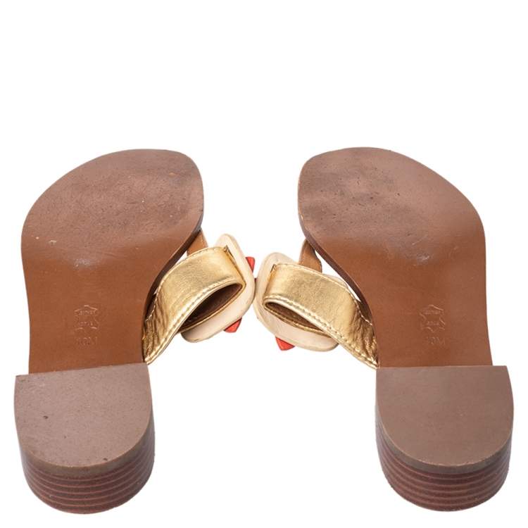 Pre Owned Tory Burch Gold Leather Embellished Thong Sandals Size 40