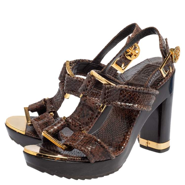 Pre Owned Tory Burch Brown Python Embossed Leather Karmen T-Strap Clog Sandals Size 36