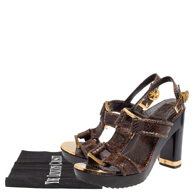 Pre Owned Tory Burch Brown Python Embossed Leather Karmen T-Strap Clog Sandals Size 36