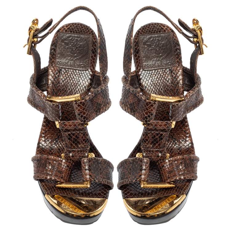 Pre Owned Tory Burch Brown Python Embossed Leather Karmen T-Strap Clog Sandals Size 36