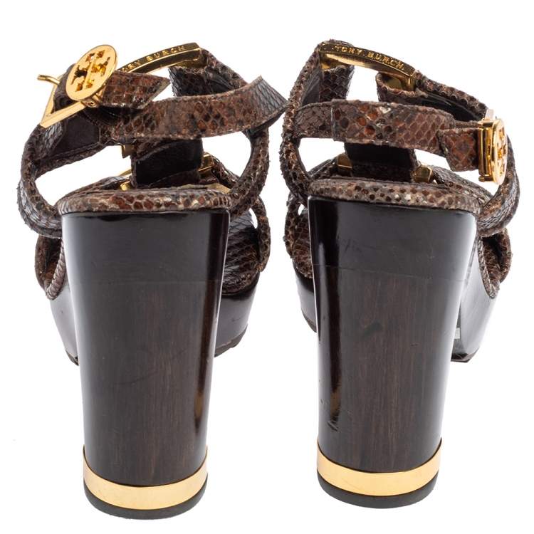 Pre Owned Tory Burch Brown Python Embossed Leather Karmen T-Strap Clog Sandals Size 36