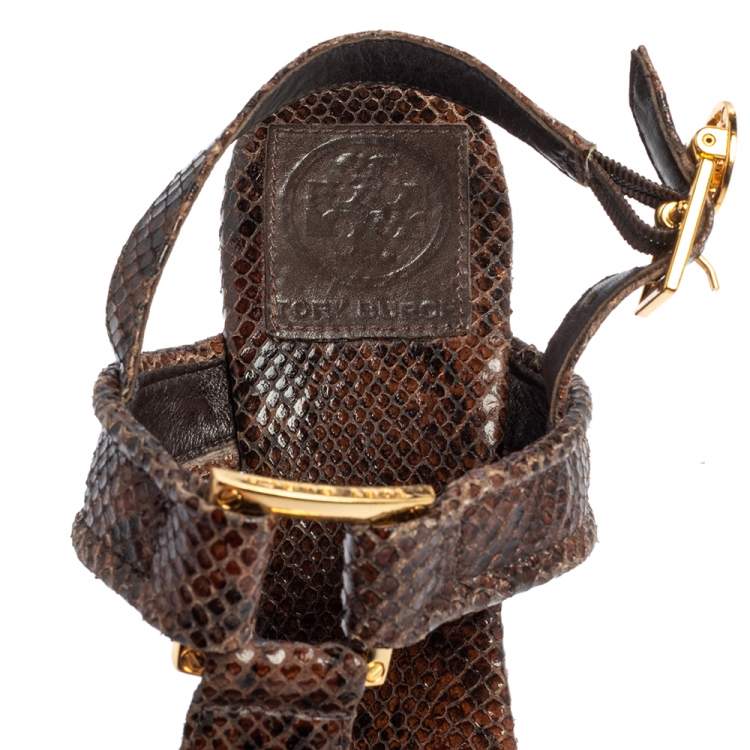 Pre Owned Tory Burch Brown Python Embossed Leather Karmen T-Strap Clog Sandals Size 36