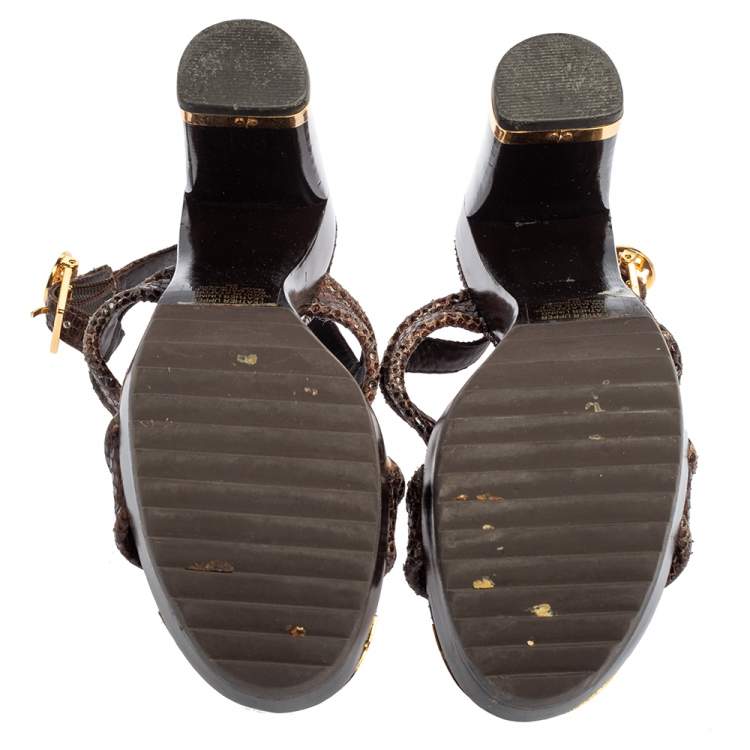 Pre Owned Tory Burch Brown Python Embossed Leather Karmen T-Strap Clog Sandals Size 36
