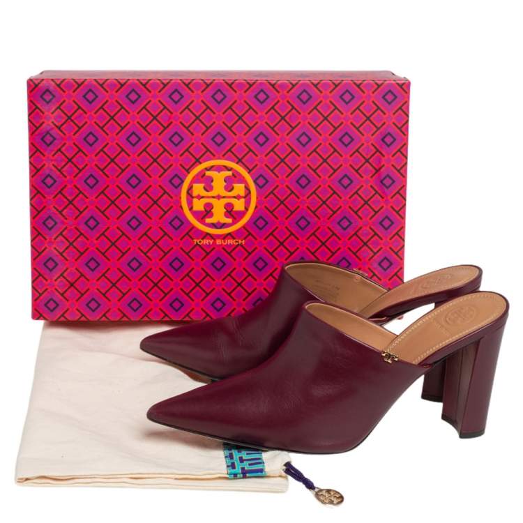 Pre Owned Tory Burch Burgundy Leather Penelope Mule Sandals Size 39.5