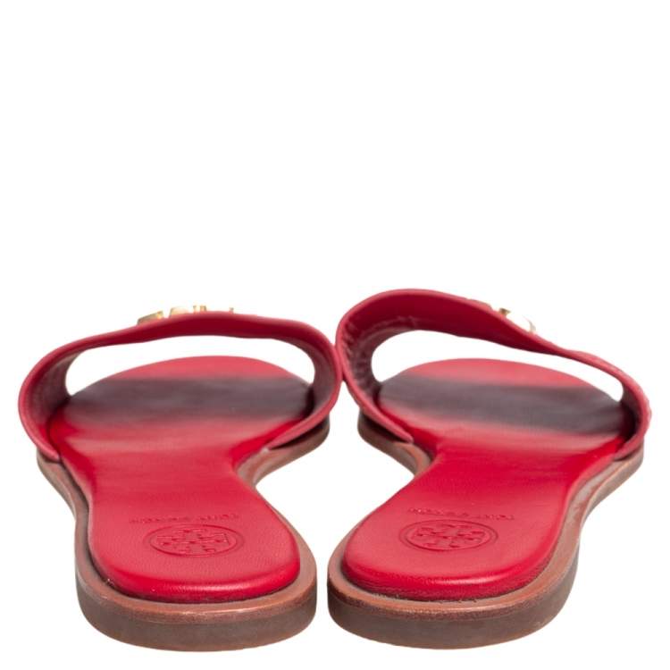 Pre Owned Tory Burch Red Leather Everly Slide Flats Size 38.5