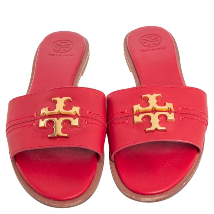 Pre Owned Tory Burch Red Leather Everly Slide Flats Size 38.5
