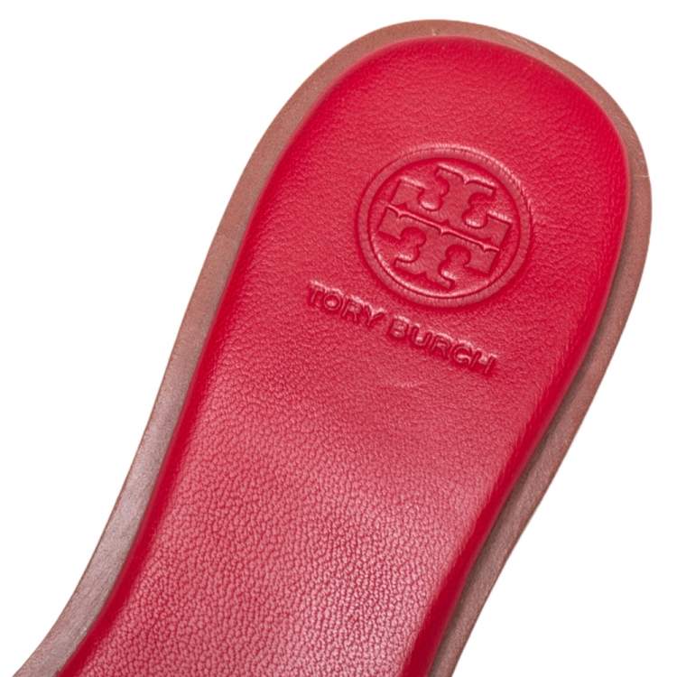 Pre Owned Tory Burch Red Leather Everly Slide Flats Size 38.5