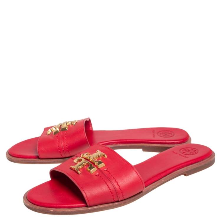 Pre Owned Tory Burch Red Leather Everly Slide Flats Size 38.5