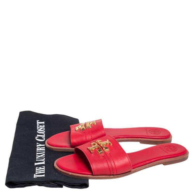 Pre Owned Tory Burch Red Leather Everly Slide Flats Size 38.5