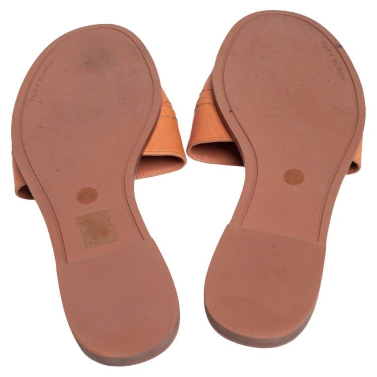 مملوكة مسبقًا Tory Burch Brown Leather Everly Slide Flats Size 38.5
