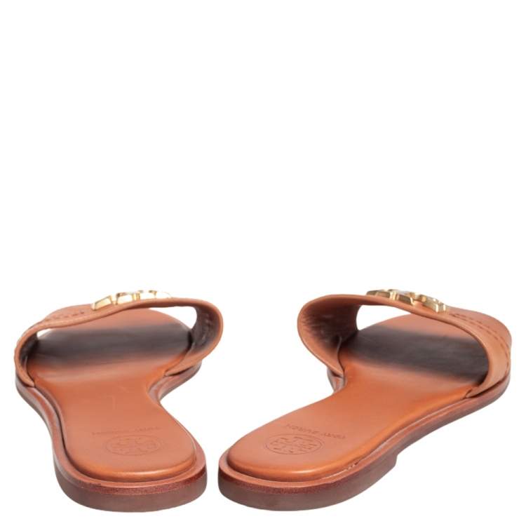 مملوكة مسبقًا Tory Burch Brown Leather Everly Slide Flats Size 38.5