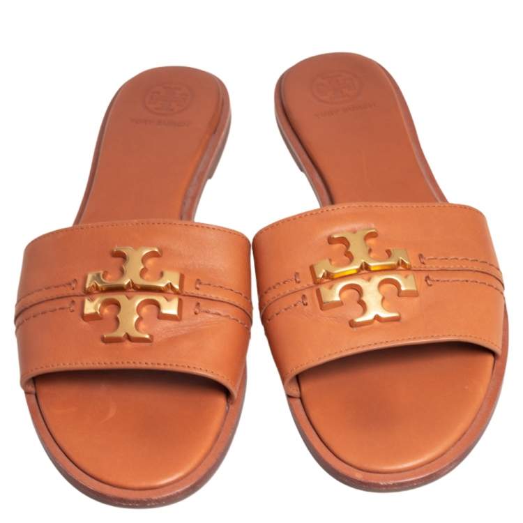 مملوكة مسبقًا Tory Burch Brown Leather Everly Slide Flats Size 38.5