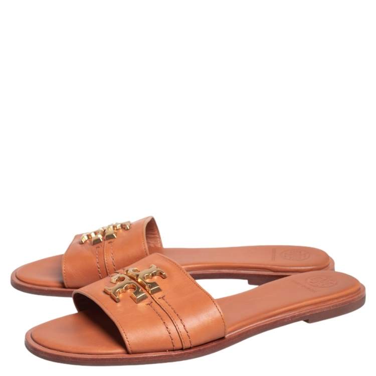 مملوكة مسبقًا Tory Burch Brown Leather Everly Slide Flats Size 38.5