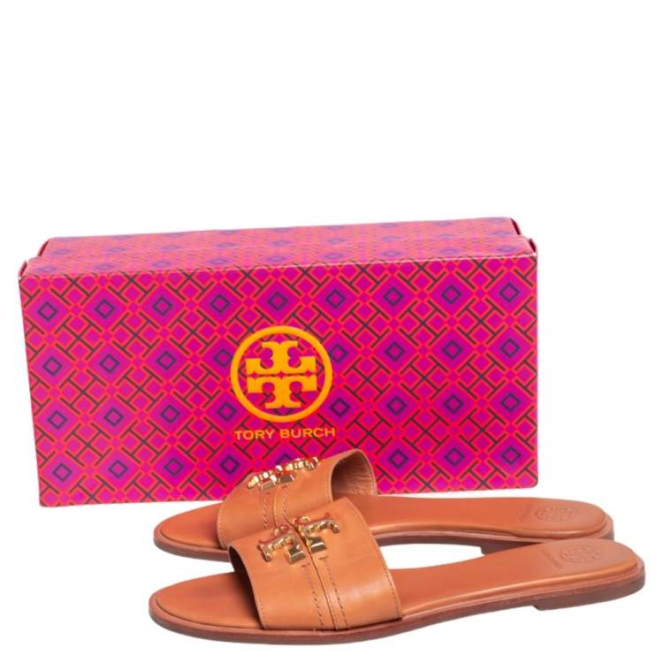 مملوكة مسبقًا Tory Burch Brown Leather Everly Slide Flats Size 38.5