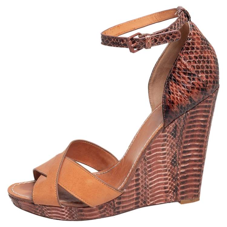 Pre Owned Tory Burch Brown Leather and Python Platform Wedge Ankle Strap Sandals Size 40