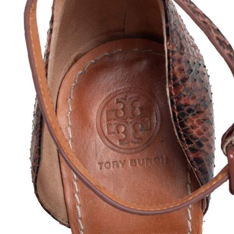 Pre Owned Tory Burch Brown Leather and Python Platform Wedge Ankle Strap Sandals Size 40