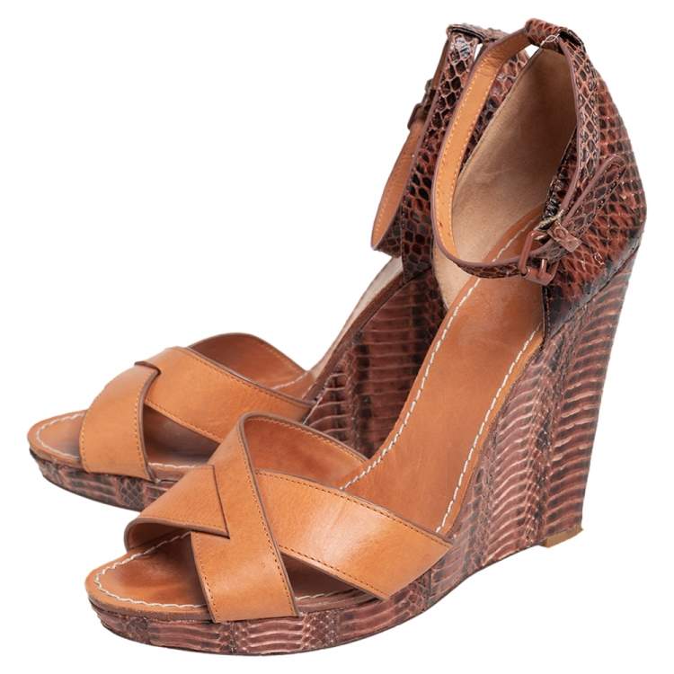 Pre Owned Tory Burch Brown Leather and Python Platform Wedge Ankle Strap Sandals Size 40