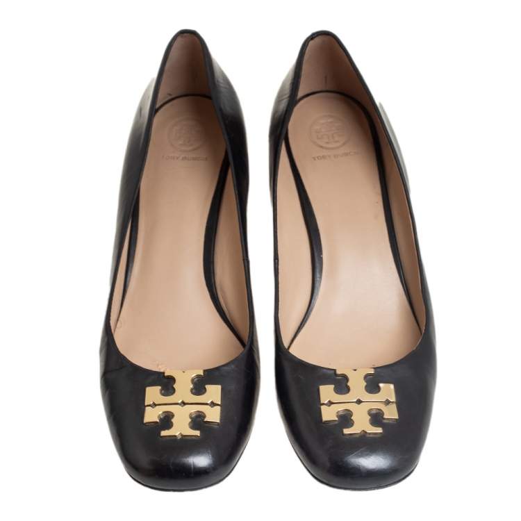 Pre Owned Tory Burch Black Leather Raleigh Round Toe Wedge Pumps Size 40.5