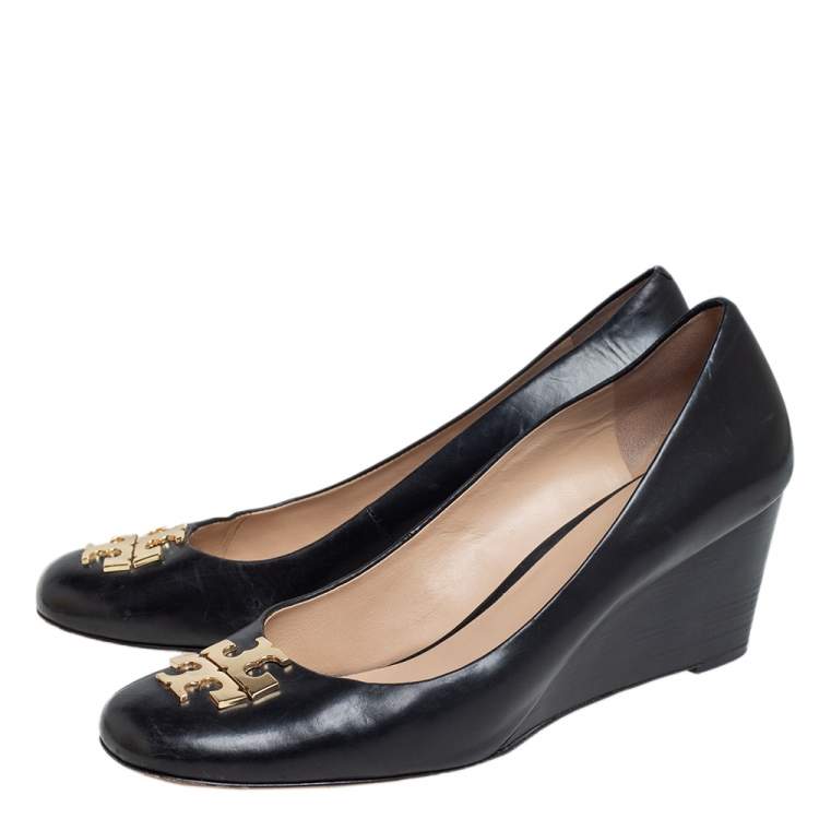 Pre Owned Tory Burch Black Leather Raleigh Round Toe Wedge Pumps Size 40.5