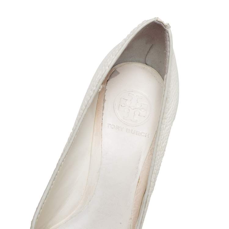 Pre Owned Tory Burch Cream Leather Peep Toe Wedge Pumps Size 38