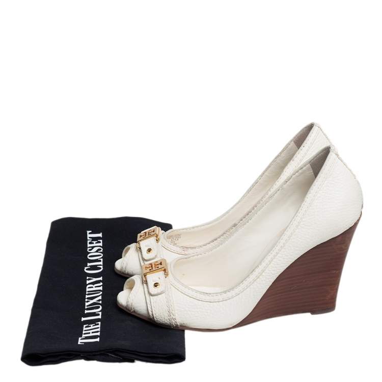 Pre Owned Tory Burch Cream Leather Peep Toe Wedge Pumps Size 38