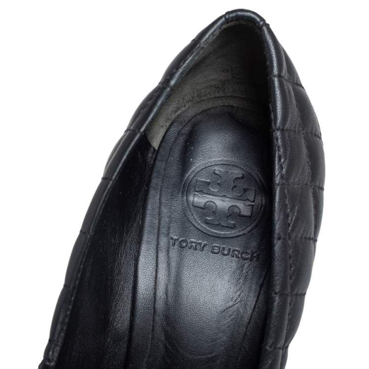 Pre Owned Tory Burch Black Quilted Leather Reva Wedge Pumps Size 38.5