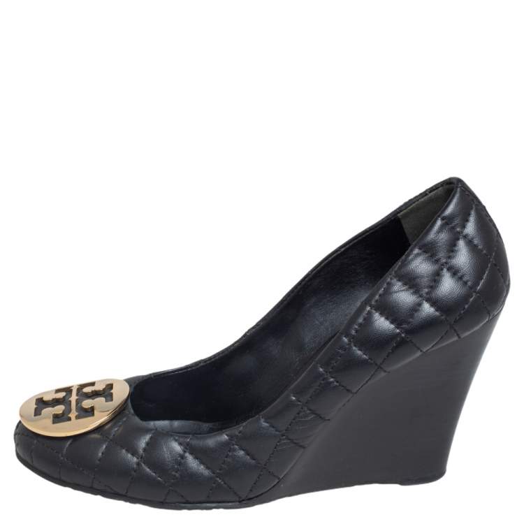 Pre Owned Tory Burch Black Quilted Leather Reva Wedge Pumps Size 38.5
