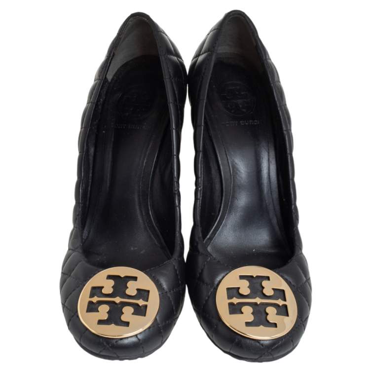 Pre Owned Tory Burch Black Quilted Leather Reva Wedge Pumps Size 38.5